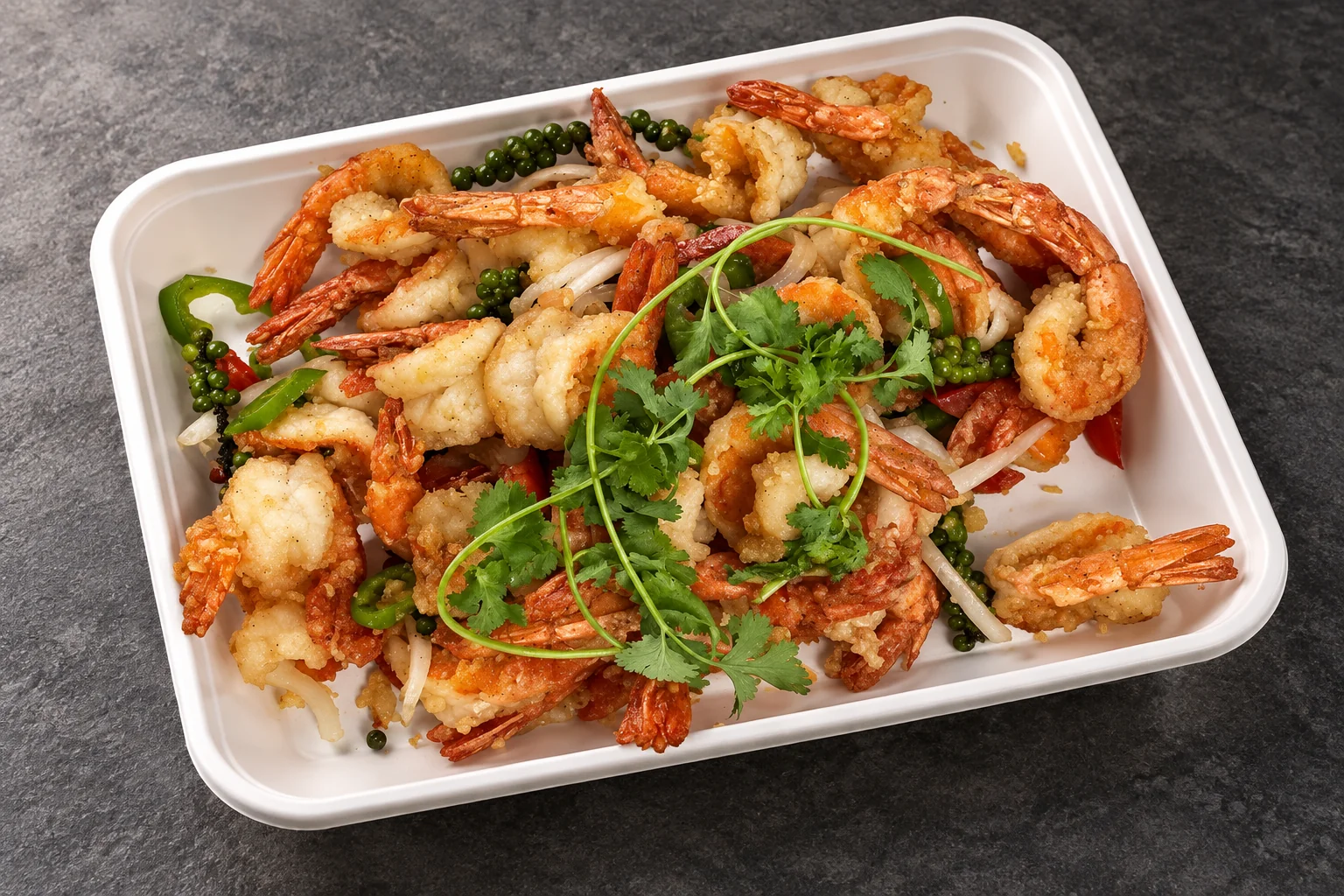 Salt and pepper prawns in a white box on a grey background
