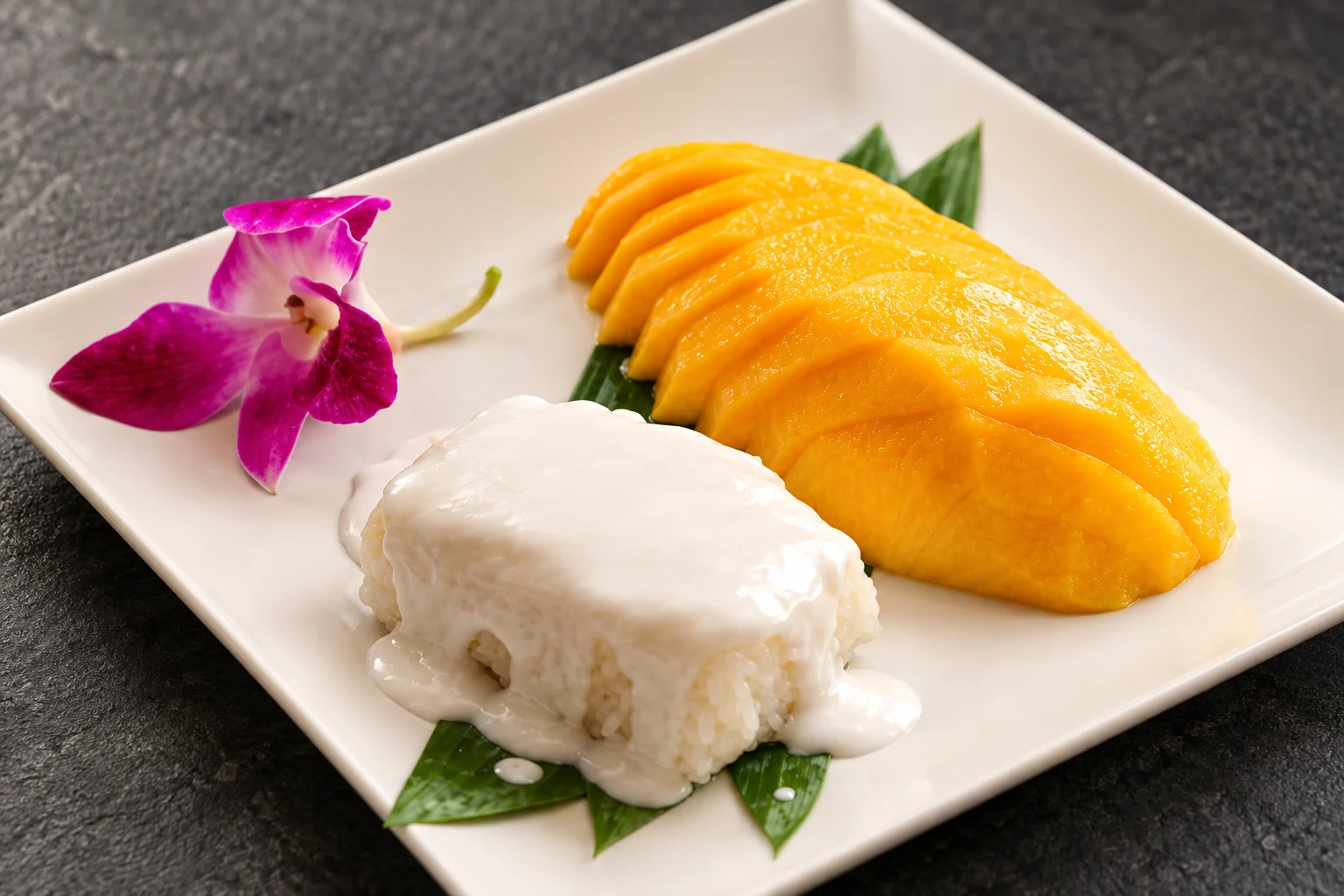 Sticky rice with coconut milk and mango on a white plate against a grey background