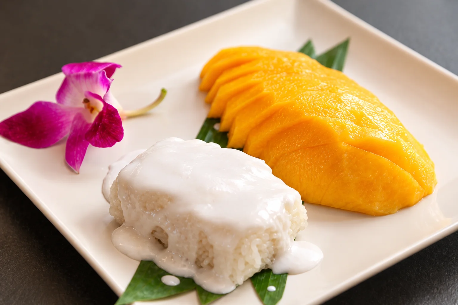Sticky rice and mango on a white plate